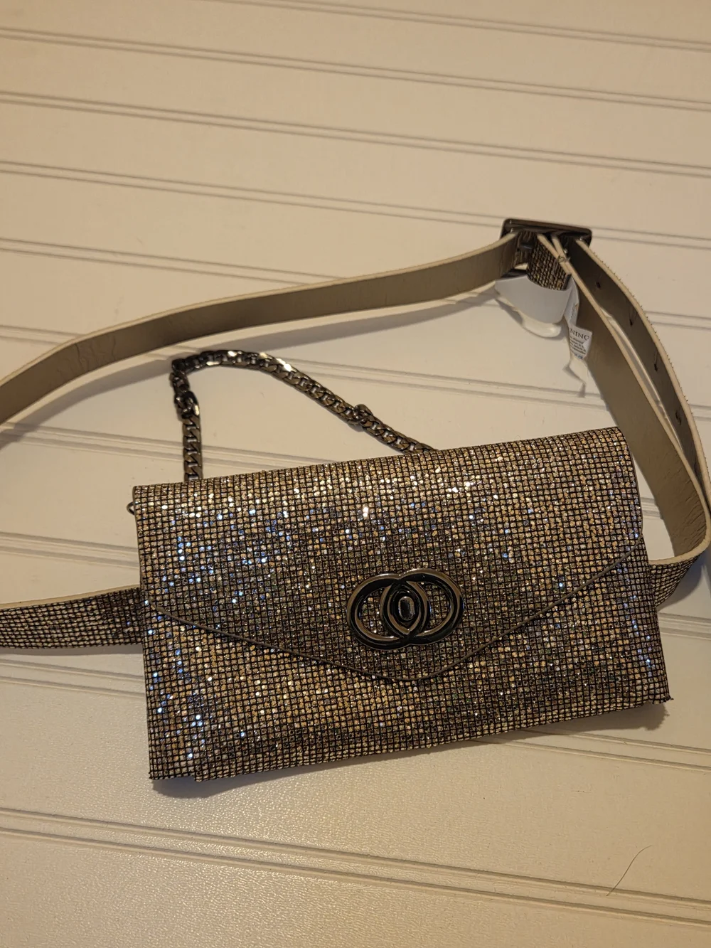 Sparkle Gold Metallic Glitter Belt & Chain Clutch 2 In 1